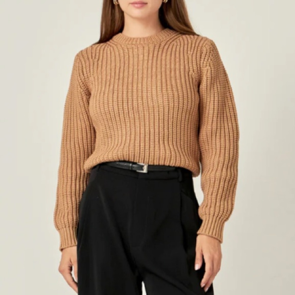 English Factory Camel Ribbed Crewneck Sweater
